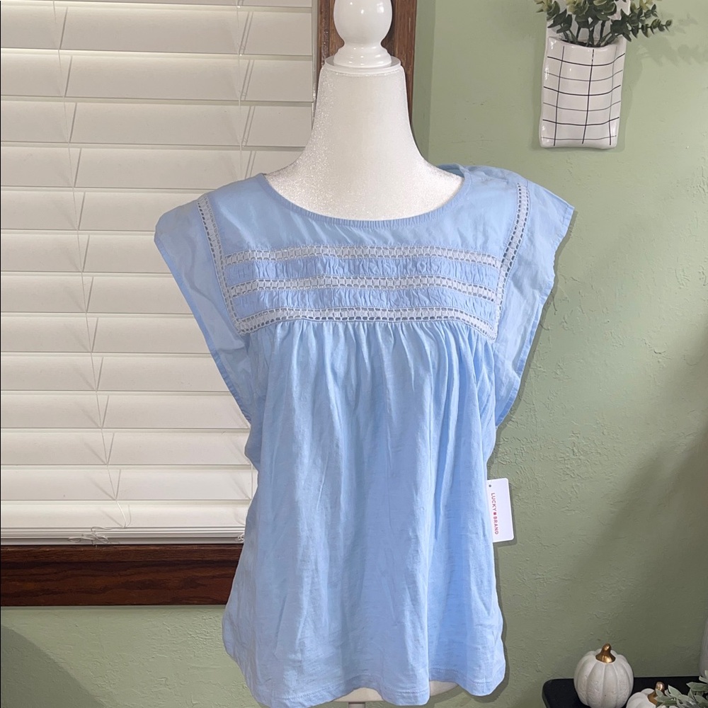 Lucky Brand Sky Blue Blouse with Lace Detail